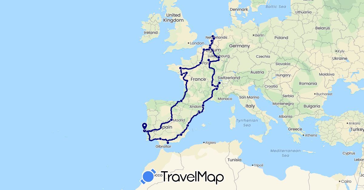 TravelMap itinerary: driving in Belgium, Spain, France, Luxembourg, Netherlands, Portugal (Europe)